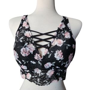 PINK Victoria's Secret Sleepwear Bralette Black Floral Lace Bra Women's Size L